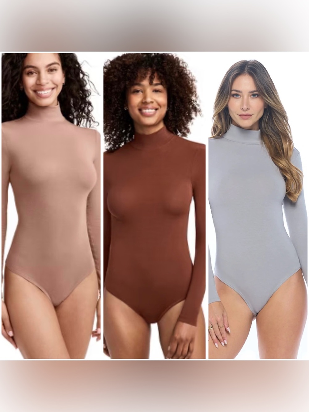 Women’s Long Sleeve Turtleneck Bodysuit - Brown, Taupe, Gray (3 tops)